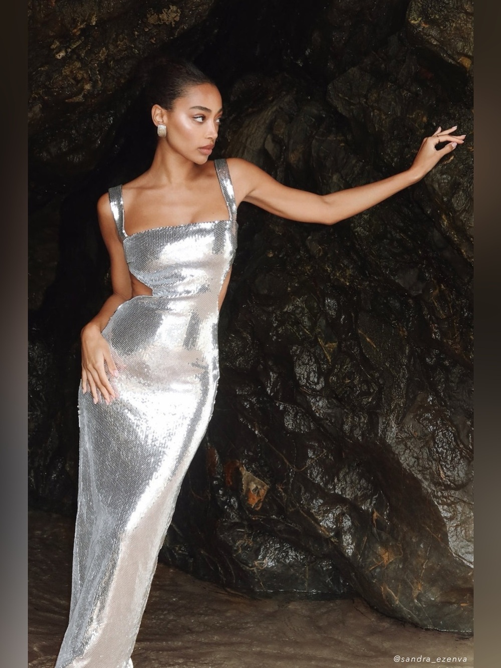 NWT MESHKI Adoria Sequin Cutout Maxi Dress in Silver - XS - Picture 2 of 9